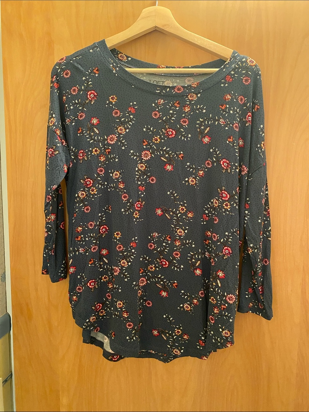 LOFT Green Floral Long Sleeve Top with Red & Pink Blooms